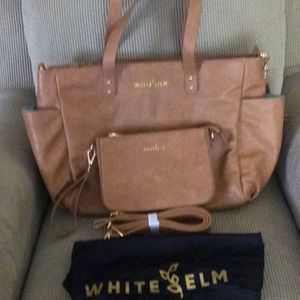 White Elm tote bag with clutch bag, strap and traveling cover bag.